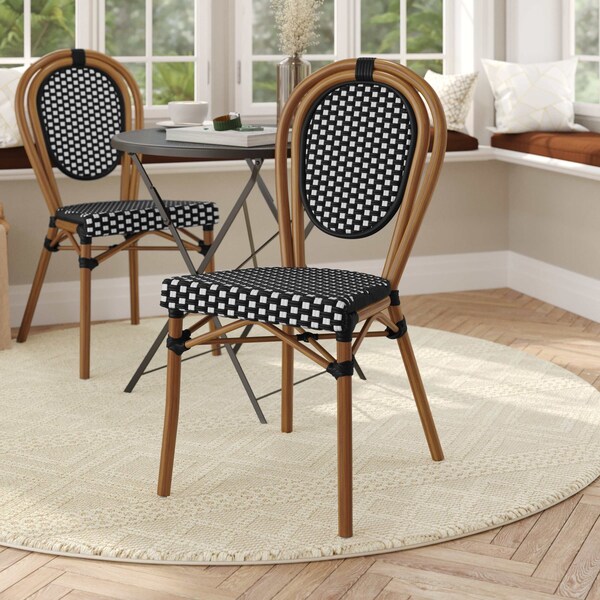 Flash Furniture Lourdes Thonet French Bistro Stacking Chair, Black and White PE Rattan and Bamboo Print Alum Frame SDA-AD642002S-BKWH-NAT-GG - main